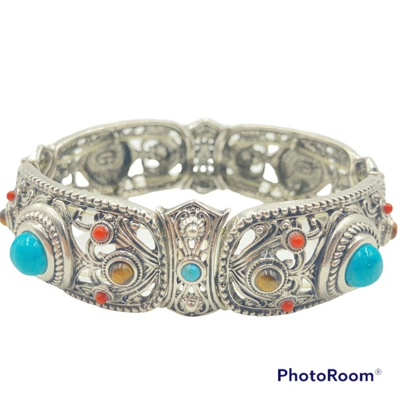 Graziano bracelet boho best western simulated turquoise tiger eye silver tone - Picture 2 of 14